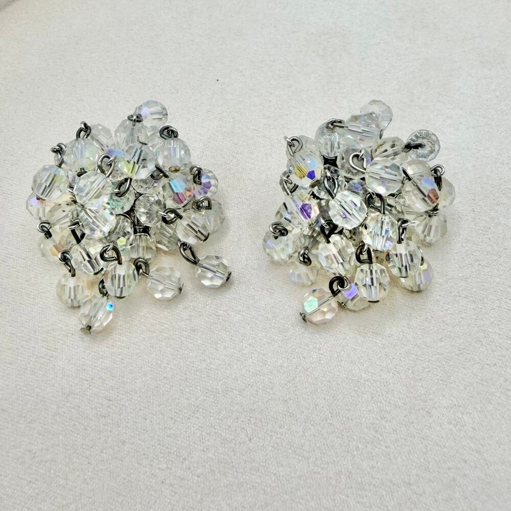 VTG VOGUE Rare Vintage 1960's Glass Crystal Aurora Borealis Waterfall Earrings - Picture 8 of 16